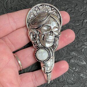 Santa Muerte Skull Pendant With a Rainbow Moonstone Stone Crystal Jewelry